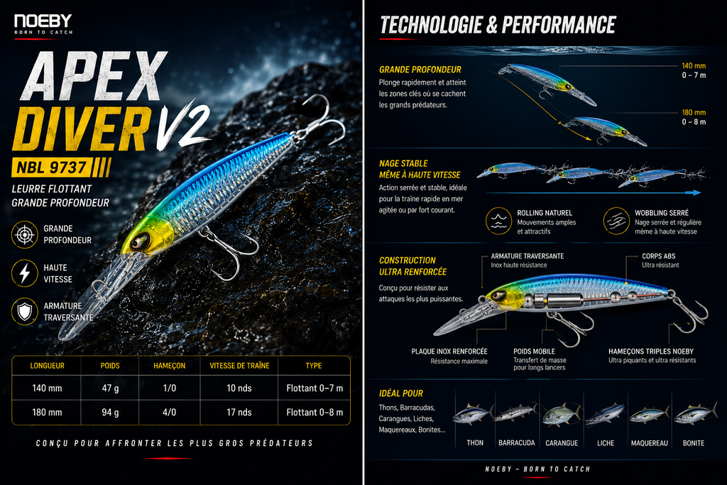 Apex Diver V2 Noeby – Leurre de Traîne plongeant  Thru-Wire Thon & Wahoo