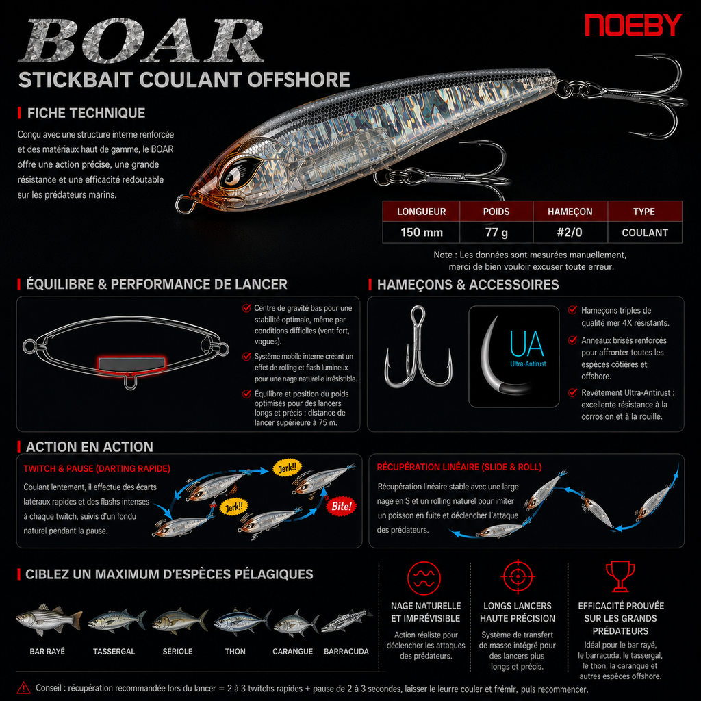 Boar Noeby – Leurre coulant  Polyvalent Lancer Longue Distance