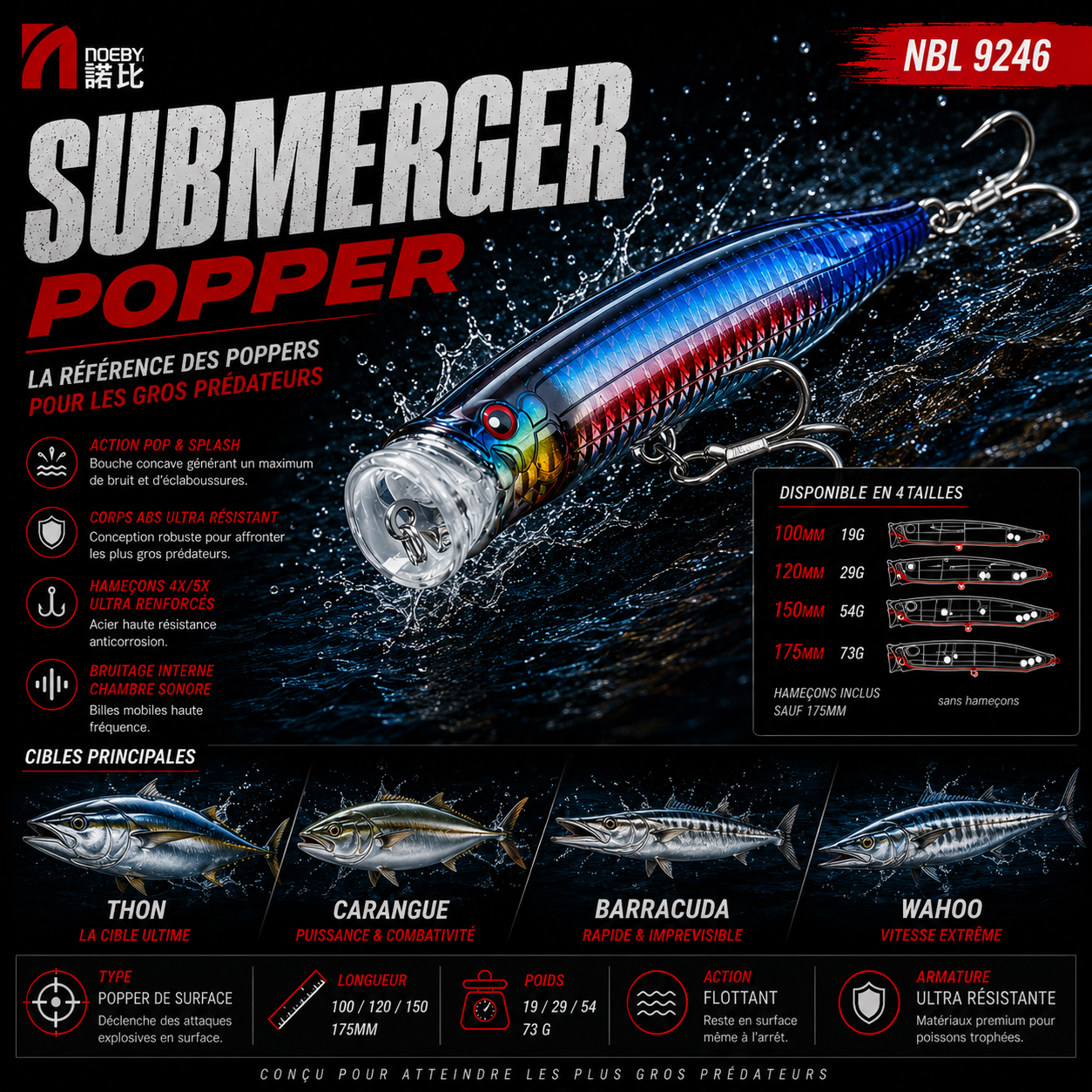 Submerger Noeby – Popper Technique Traînée de Bulles- Longue Distance
